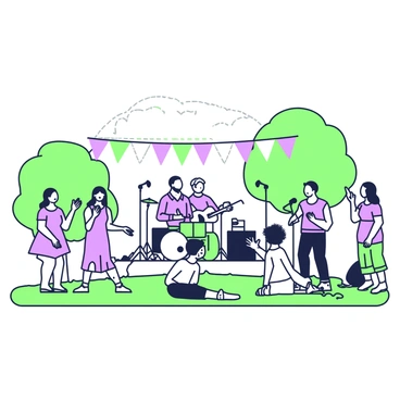 A live band is performing on a stage in a park. The stage has musical instruments set up, including guitars, drums, and microphones. In front of the stage, there are several people dancing and enjoying the music. Some are clapping their hands, while others are swaying to the rhythm. A few people are sitting on the grass, watching the performance with smiles on their faces. Trees surround the stage, providing a natural backdrop, and colorful banners are hanging from the stage, adding to the festive atmosphere.