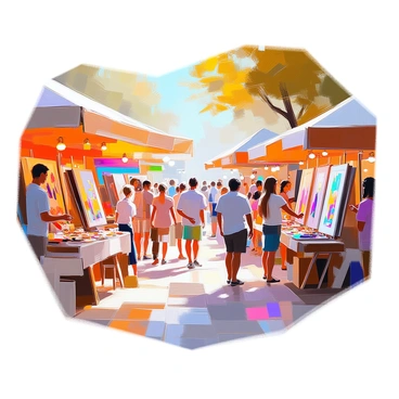 A vibrant local art market bustling with activity. Various stalls display a wide array of colorful paintings, intricate sculptures, and handmade crafts. Artists, showcasing their unique styles, engage with visitors, explaining their creative processes. The market is filled with people of different ages, some admiring the artwork while others are discussing with the artists. Sunlight filters through the surrounding trees, illuminating the vivid colors of the art pieces and the lively atmosphere of the market.