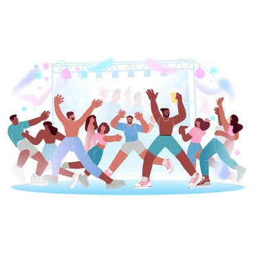 A diverse group of festival-goers is dancing and enjoying live music in an open area. They are surrounded by vibrant decorations, including hanging lanterns and streamers in various shades. Colorful lights are illuminating the scene, casting a warm glow over the crowd. Some individuals are holding drinks, while others are captured mid-motion, expressing joy and excitement. In the background, a stage is visible with musicians performing, adding to the lively atmosphere.