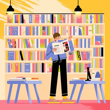 A person standing in a bookshop, flipping through a collection of colorful fashion illustration books. The person has short brown hair and is wearing a trendy blue jacket. The bookshop has tall wooden shelves filled with various books, with some titles visible on the spines. The floor is made of polished wood, and there are several small tables nearby with additional fashion books scattered on them. A warm light is coming from vintage-style lamps hanging from the ceiling, illuminating the cozy atmosphere of the shop.