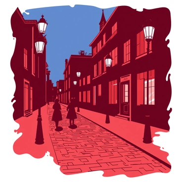 A red Victorian street scene features tall, ornate gas lamps casting warm light and deep shadows over the dark cobblestones. The cobblestone path is wet, reflecting the glow from the lamps, creating a shimmering effect. In the background, there are elegant Victorian buildings with intricate architectural details. A few figures in period clothing stroll down the street, their silhouettes highlighted by the gas lamp light. The night sky is a deep blue, adding to the atmosphere of the scene.