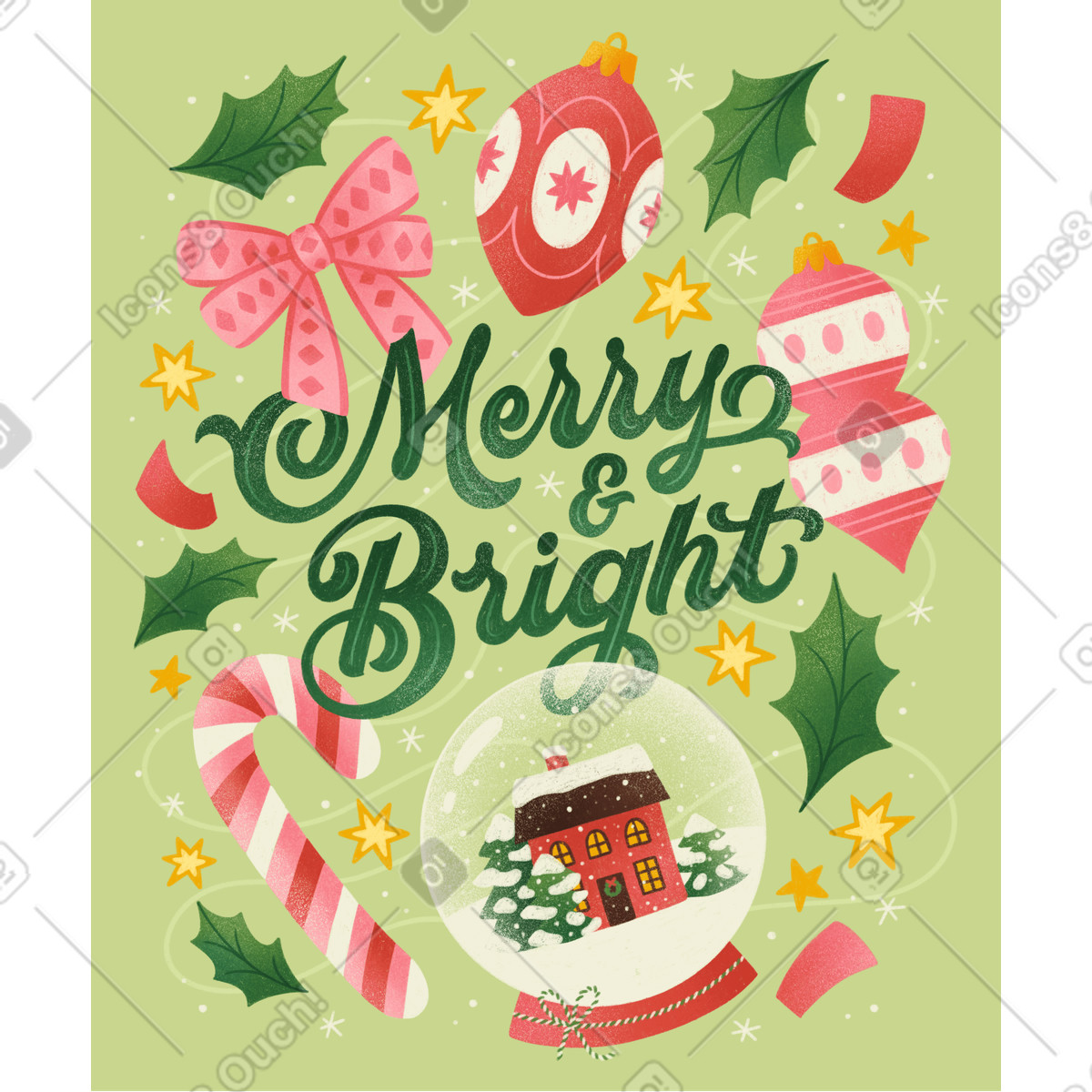 Иллюстрация Рождественские украшения с надписью merry & bright в стиле Lettering — скачать в форматах PNG, SVG