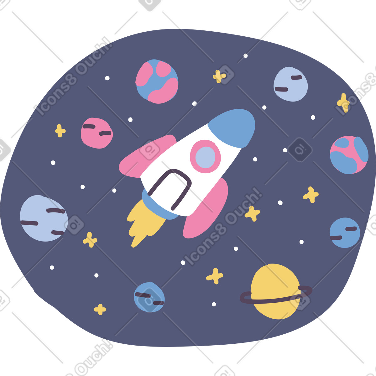 Spaceship travel around the solar system illustration in Pluto style download in PNG, SVG