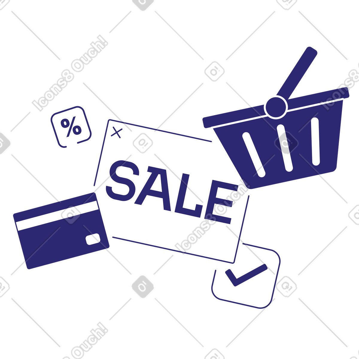 Shopping basket and sale lettering with bank card, E-commerce discount offer illustration in Cut style download in PNG, SVG