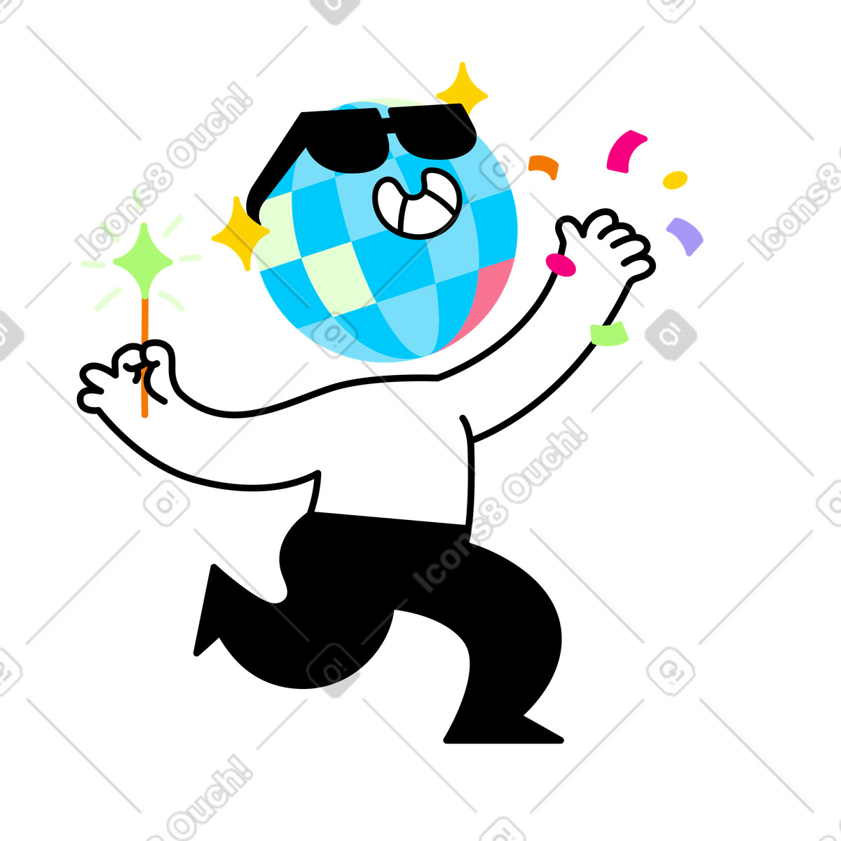 Character with disco ball head dancing and partying illustration in Giggle style download in PNG, SVG