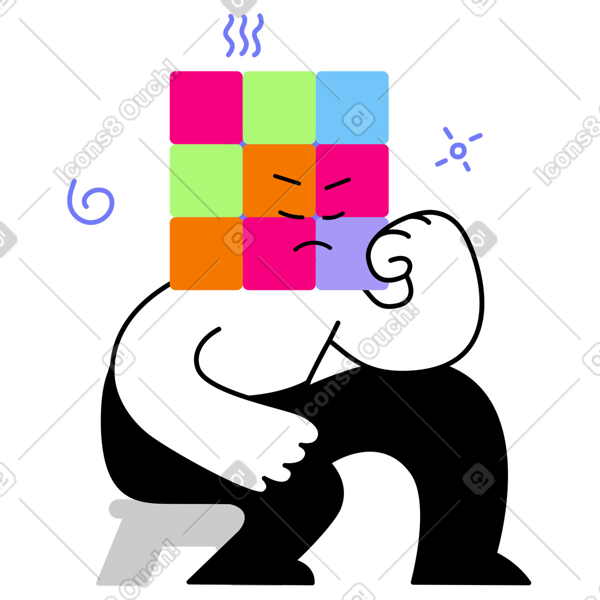 Traurige zauberwürfel-figur, die in gedanken versunken sitzt-Illustration im Giggle-Stil als Download PNG, SVG
