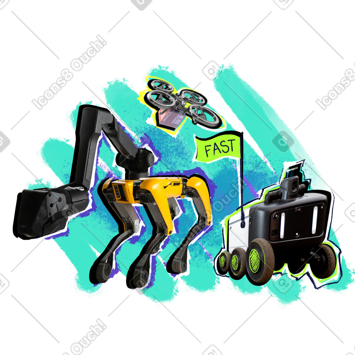 Ilustração de Robótica: bot entrega, cão robótico e drone entrega em no estilo Energy para baixar em PNG, SVG