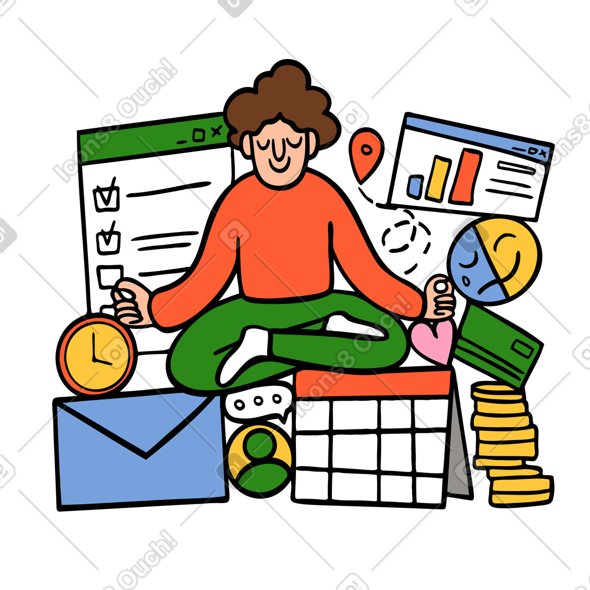 Employee meditating among work tasks, Work-life balance-Illustration im Comic-Stil als Download in PNG, SVG