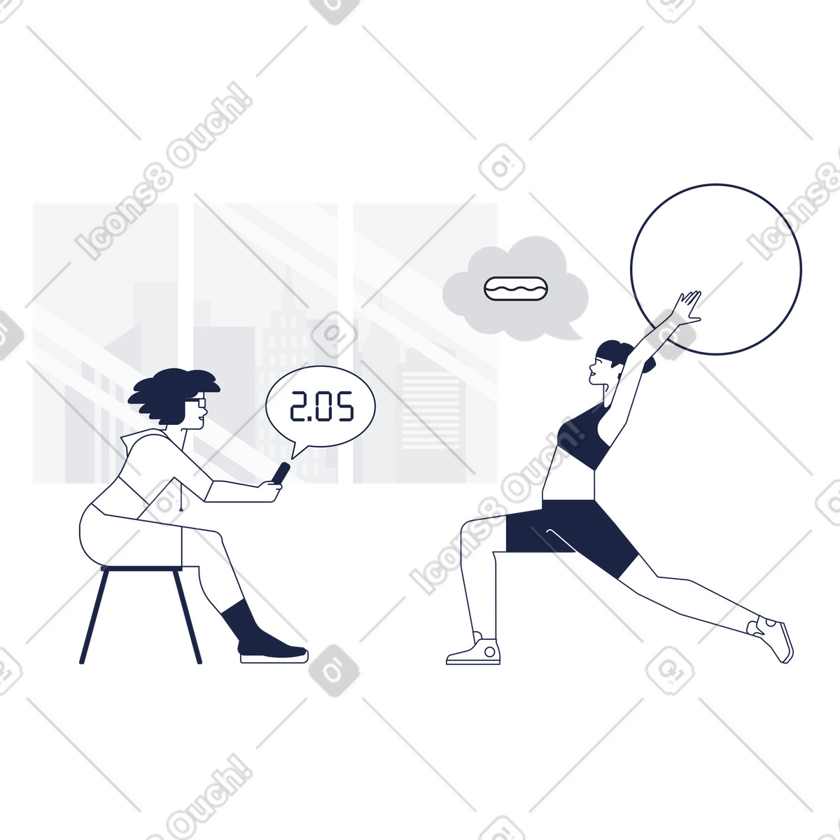 Woman at gym exercising with trainer and getting fit illustration in Urban Line style download in PNG, SVG