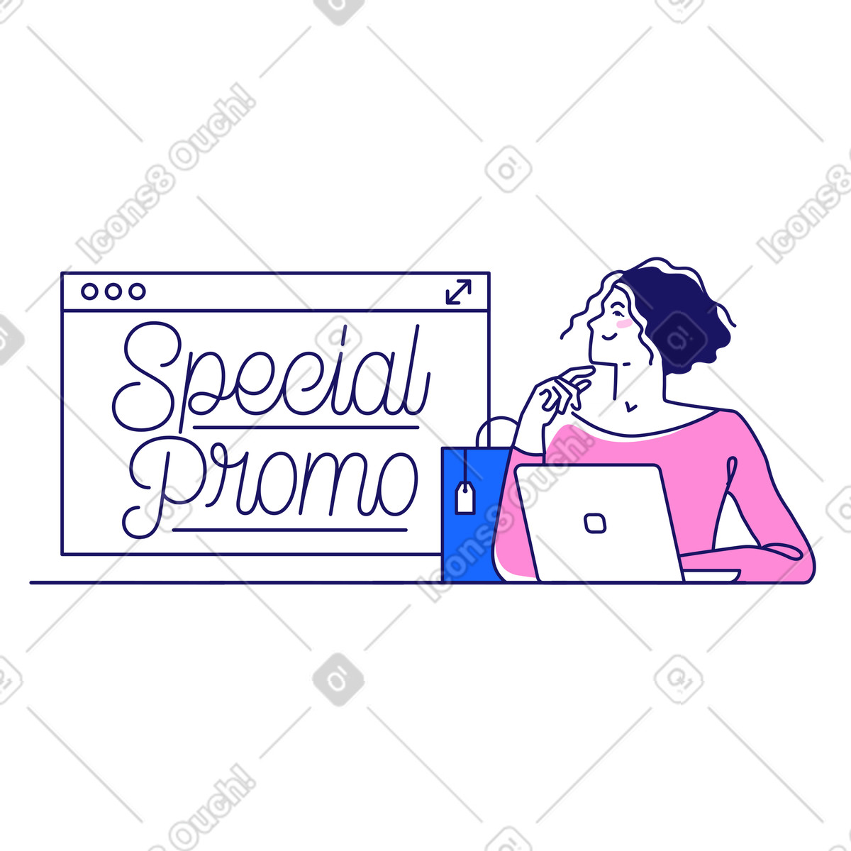 Ilustração de Lettering special promo com mulher e navegador em no estilo Matey para baixar em PNG, SVG