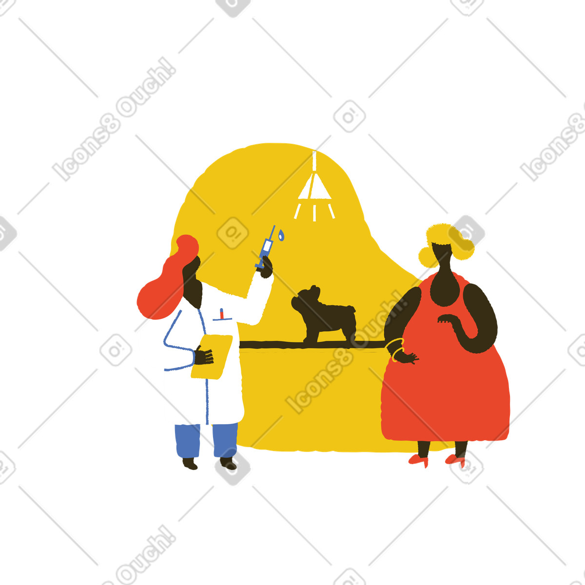 Illustration Emmener un chien chez le vétérinaire dans style Bermuda à télécharger aux formats PNG, SVG