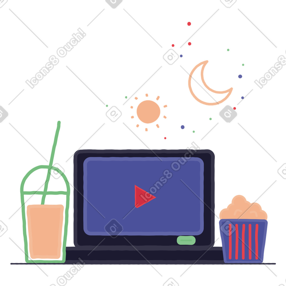 Иллюстрация Свободное время с фильмом, попкорном и стаканом напитка в стиле Stripy — скачать в форматах PNG, SVG