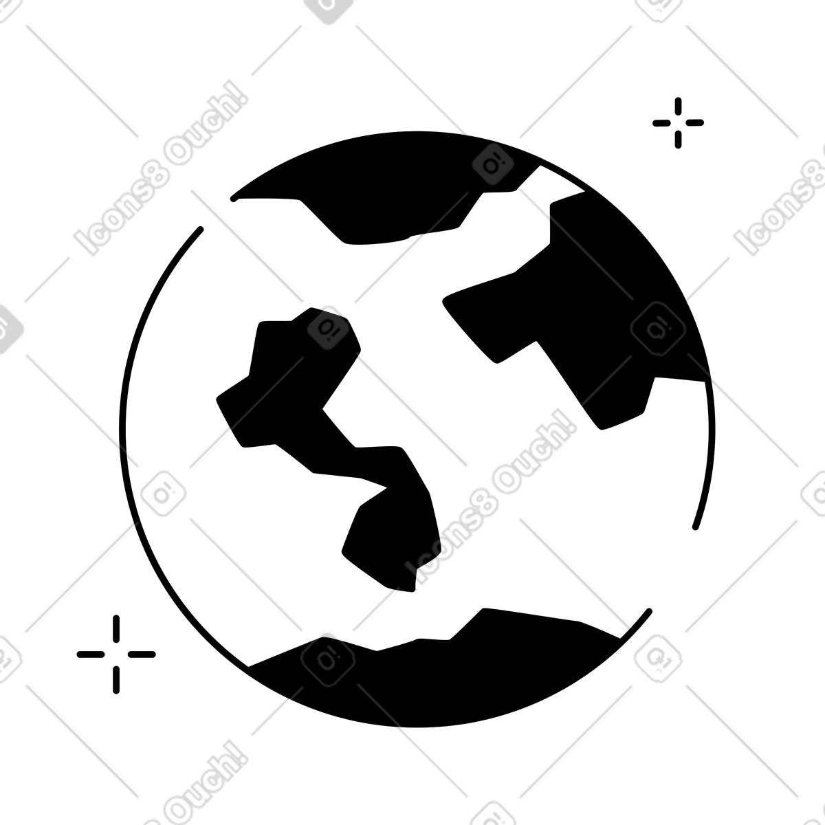 Earth globe silhouette with continents and minimal orbiting star symbols-Illustration im Notion Line Art-Stil als Download in PNG, SVG