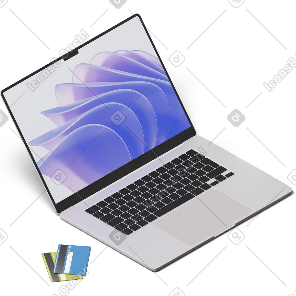 3D Hygge スタイルの Isometric view of laptop and two credit cards のイラストをPNG、SVG形式でダウンロード