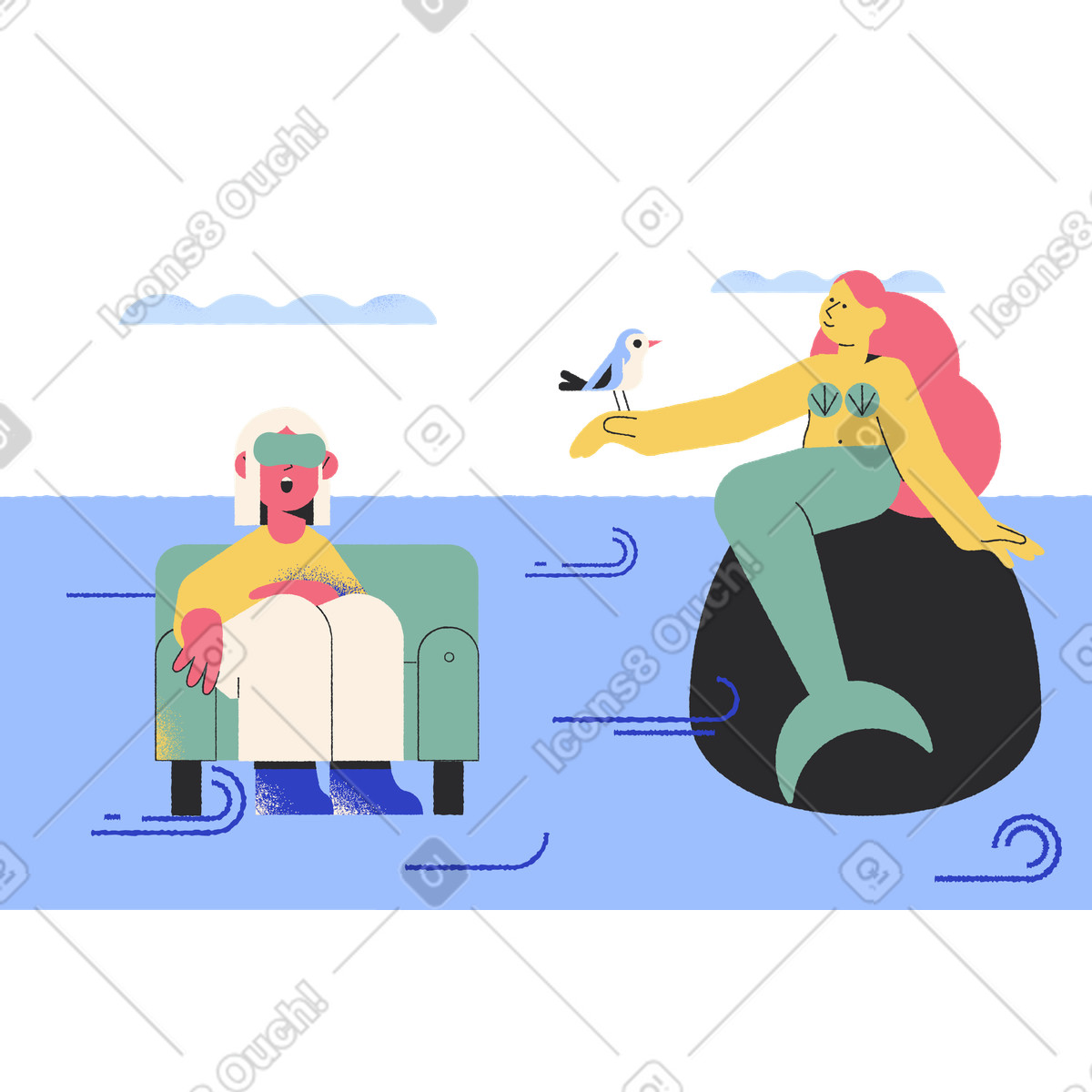 Woman in vr headset seeing a mermaid illustration Pablo style download PNG, SVG