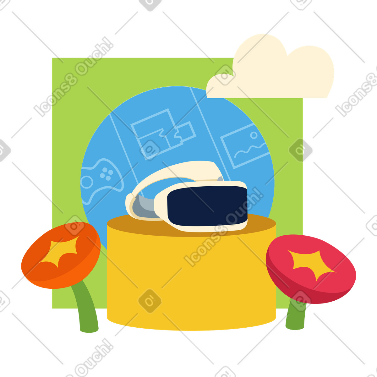 Casco vr e i suoi utilizzi illustrazione in stile Catchy scarica in PNG, SVG