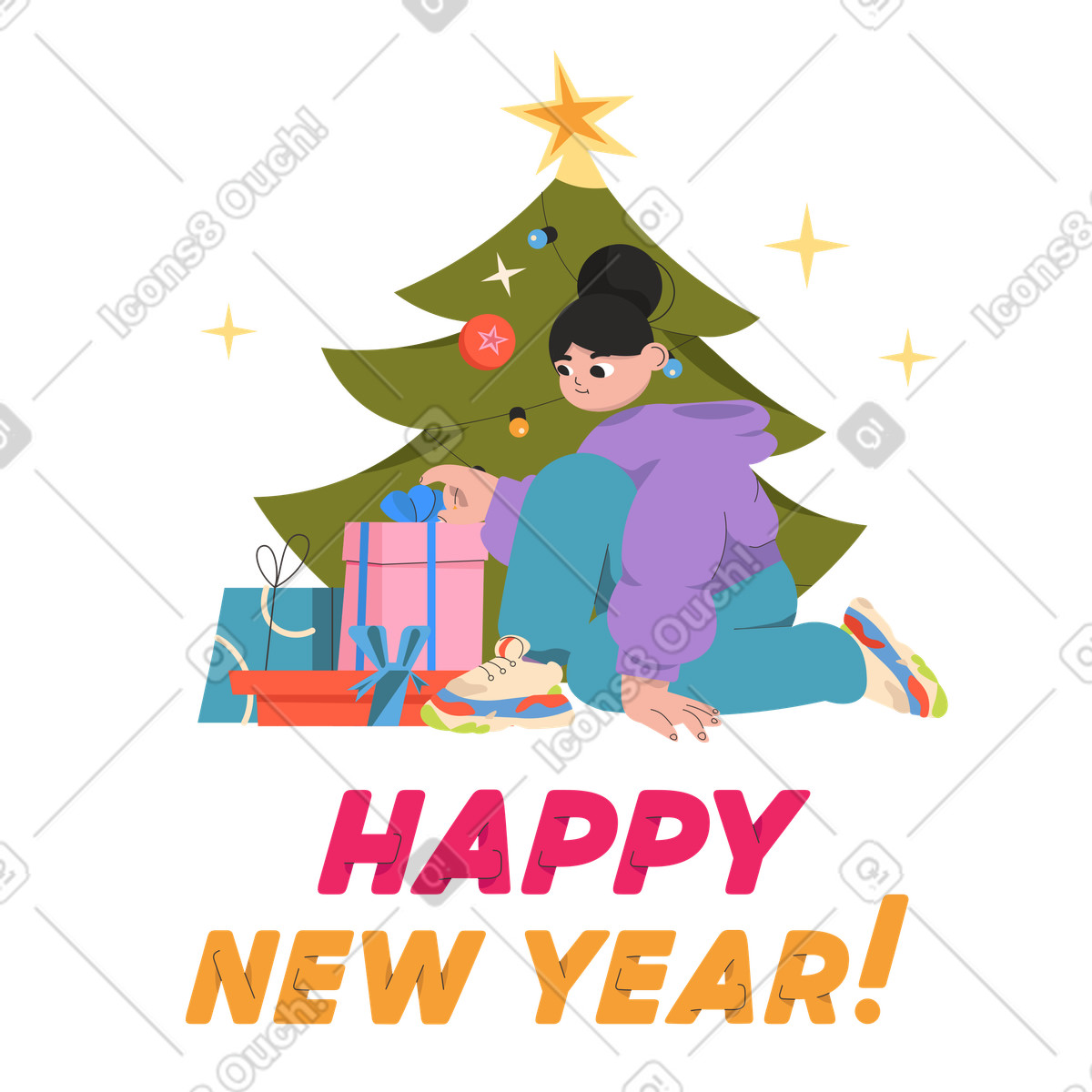 Testo di felice anno nuovo e una ragazza apre i regali accanto all'albero natale illustrazione in stile Dizzy scarica in PNG, SVG