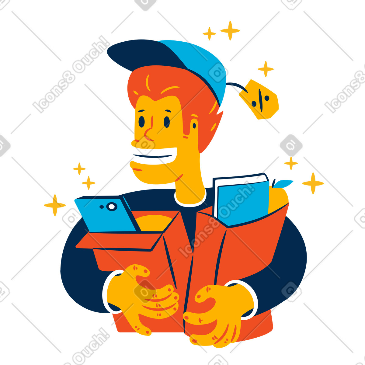 Man carrying full shopping bags after successful illustration in Flame style download in PNG, SVG