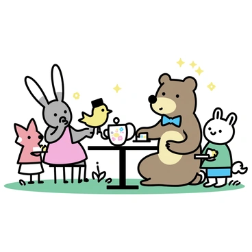 A brown bear sitting at a small round table, wearing a blue bow tie, with a teacup in its paw. A grey rabbit, wearing a pink dress, is pouring tea from a floral teapot into another cup. A bright yellow bird with a small hat is perched on the table, chirping cheerfully. A red fox, dressed in a green waistcoat, is nibbling on a biscuit, while a white bunny is sitting beside the bear, holding a plate of cupcakes. The scene is set in a sunny clearing with green grass and a few wildflowers surrounding the area.
