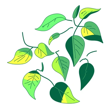 A vibrant duotone illustration features green and yellow leaves fluttering in a gentle breeze. The leaves are depicted with intricate veining, creating a sense of detail and depth. The movement of the leaves suggests a lively dance, as they sway and twist against a clear sky. Some leaves are partially illuminated by sunlight, casting soft shadows on their surfaces. There is a sense of energy in the scene, with the leaves positioned at various angles to convey their rustling motion.