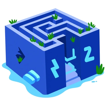 A complex labyrinth with high walls, each engraved with different cryptocurrency symbols such as "Bitcoin," "Ethereum," and "Ripple." The walls feature intricate designs that highlight the unique logos of each cryptocurrency. The ground is made of smooth stones, and the maze is illuminated by glowing lights that emit a subtle blue hue. There are small plants growing in the corners of the maze, adding a touch of greenery to the scene. The overall layout of the labyrinth gives a sense of depth and challenge, inviting exploration within its winding paths.