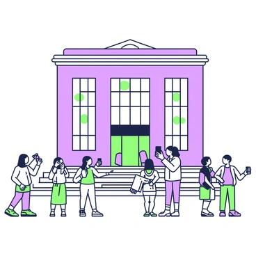 An illustration of a museum, standing tall as a recognizable city landmark. The museum features large windows and a grand entrance with steps leading up to the doors. In front of the museum, a diverse group of tourists is gathered, taking photos. Some tourists are holding cameras, while others are using smartphones to capture the moment. A few people are pointing at the museum as they engage in conversation. Nearby, a couple is posing in front of the building, smiling for the camera.