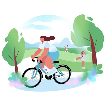 A cyclist is riding through a lush green park. The cyclist is wearing a light, breathable outfit suitable for outdoor activities. The bicycle is sleek and designed with eco-friendly materials, showcasing a modern yet natural aesthetic. Surrounding the cyclist are trees with vibrant green leaves and colorful flowers blooming along the pathway. Sunlight filters through the branches, casting gentle shadows on the ground. In the background, other parkgoers can be seen enjoying the outdoors, while a serene landscape of rolling hills is visible beyond the park.