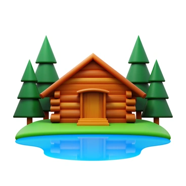 A log cabin with a rustic design featuring wooden logs, a sloped roof, and a front porch. The cabin is surrounded by tall, green pine trees that create a natural border. In front of the cabin, there is a small pond with clear water, reflecting the blue sky overhead and the silhouettes of the surrounding trees. The scene is bathed in natural light, showcasing the textures of the wood and the greenery of the landscape.