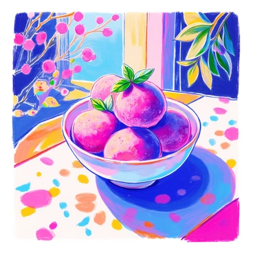 A bowl filled with smooth "purple plum sorbet" is placed at the center of a "summer table." The sorbet is a vibrant shade of purple, reflecting its fruity flavor. On top, several "fresh mint leaves" are delicately arranged, adding a touch of green. The table features a bright tablecloth with a light floral pattern, and there are glimpses of sunshine illuminating the scene, creating a warm and inviting atmosphere. In the background, there are hints of summer greenery and colorful flowers.