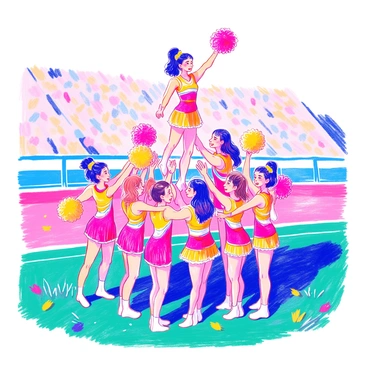 A group of cheerleaders is arranged in a pyramid formation on a grassy field. The bottom layer consists of several cheerleaders standing side by side, all wearing matching uniforms with vibrant colors. The middle layer features cheerleaders lifting one another into the air, showcasing their teamwork and athleticism. At the top of the pyramid, one cheerleader, wearing a bright uniform, is confidently waving to the crowd with one arm raised high. The scene captures the energy and excitement of a cheerleading performance, with pom-poms in the hands of the cheerleaders at every level.