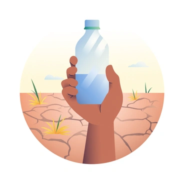 A hand with light brown skin is gripping a clear, half-empty water bottle. The bottle is partially filled with transparent water, reflecting some sunlight. The background features a dry landscape characterized by cracked, brown earth and sparse vegetation. A few dry, yellow grasses can be seen scattered around the ground, and the sky is clear with a soft gradient of light blue and pale yellow hues. The hand is positioned at the center of the image, creating a focal point amidst the desolate surroundings.
