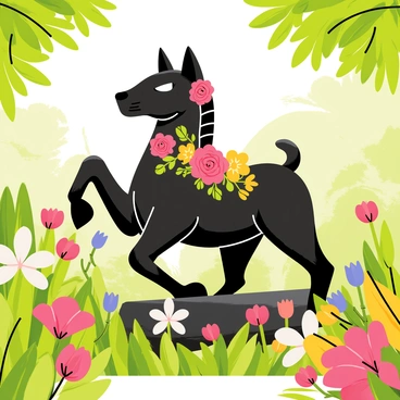 A Nandi statue, intricately carved and polished, is positioned in the center of a vibrant spring garden. The statue is adorned with an array of fresh, colorful blossoms, including pink roses, yellow daisies, and white lilies, creating a beautiful contrast against the dark stone. Surrounding the statue are lush green plants and blooming flowers, filling the garden with life and color. Sunlight filters through the leaves, casting gentle shadows across the scene, emphasizing the beauty of the garden and the Nandi statue.