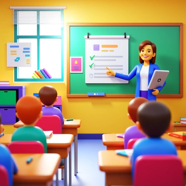 A lead teacher engaging students with an interactive lesson in a colorful classroom