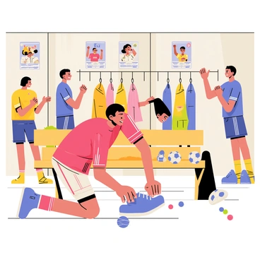 A young player putting on soccer shoes in a locker room filled with excitement.