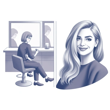 A split image depicting a salon makeover. The left side shows a person with a plain hairstyle and minimal makeup, sitting in a salon chair with a stylist working on their hair. The person's expression is neutral, and the surrounding salon environment includes styling tools and mirrors. The right side displays the same person after the makeover, featuring a vibrant, new hairstyle and expertly applied makeup. Their expression is confident and joyful, and the background remains similar, showcasing the transformation within the same salon setting.