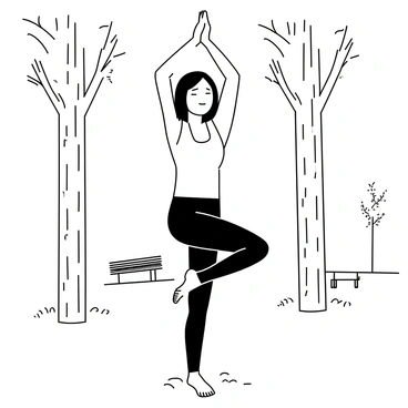 A person standing on one leg in a tree pose, with their arms raised above their head. Their other leg is bent, with the foot placed against the inner thigh of the standing leg. The individual has a focused expression, with their eyes closed. They are wearing a fitted athletic outfit, consisting of a tank top and leggings. Surrounding them are several trees with textured bark and detailed leaves, along with a grassy area beneath them. A few distant park benches and a path can be seen in the background.