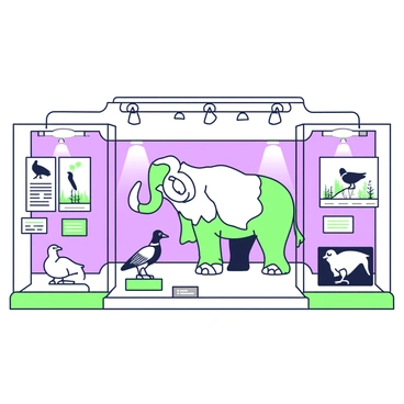 A museum exhibit featuring various extinct species displayed in glass cases. In the center, there is a life-sized model of a woolly mammoth, its large tusks prominently featured. On one side, a display includes a dodo bird, encapsulated in a case with an informational plaque beside it. Nearby, a case showcases a passenger pigeon, with a background illustration of a forest habitat. Other cases feature small specimens like the Carolina parakeet and the Tasmanian tiger, each labeled with details about their extinction. The exhibit has subtle lighting focused on the displays, creating a somber atmosphere.