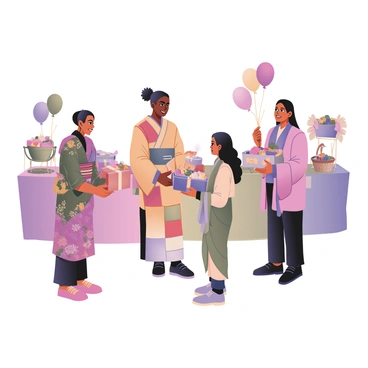 A digital flat illustration of a community event where people from different cultures are exchanging gifts. On the left, a woman wearing a traditional Japanese kimono with floral patterns is handing a beautifully wrapped present to a man dressed in a colorful African kente cloth shirt. The man has short curly hair and is smiling. In the center, a person of Hispanic descent is presenting a gift basket, filled with fruits and local snacks, to a woman in a flowing Indian saree. She has long black hair and is adorned with traditional jewelry. In the background, there are decorated tables showcasing various cultural artifacts and festive decorations. Balloons in bright colors float above the scene, enhancing the celebratory atmosphere.