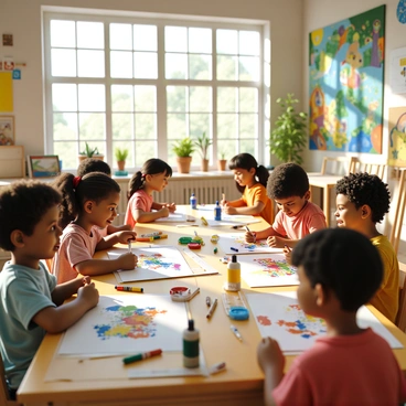 A bright and colorful children's workshop filled with a group of diverse kids working together. They are seated at a long table covered with art supplies including markers, crayons, and large sheets of drawing paper. Each child is engaged in creating their own colorful illustrations, with some drawing animals and others depicting landscapes. The walls of the workshop are adorned with various colorful artworks made by previous children, showcasing a vibrant atmosphere. Sunlight streams in through large windows, lighting up the room and adding a cheerful ambiance.