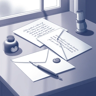 Two love letters, each carefully written on elegant stationery, are positioned side by side on a wooden table. The first letter, slightly crumpled at the edges, has delicate handwriting that flows with emotion. The second letter rests beside it, neatly folded, with a faint wax seal embossed with a heart symbol. A small inkwell and a quill pen lie nearby, hinting at the romantic act of writing. The soft light of dusk filters in through a nearby window, casting gentle shadows across the surface, creating an atmosphere of anticipation.