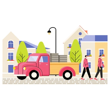 A vintage-style truck with a bright red color is parked in an old town square made of cobblestones. The truck has wooden sides holding stacks of gray bricks. Surrounding the square are quaint buildings with pastel facades and balconies adorned with flower boxes. There are a few small trees providing shade, and a couple of pedestrians are walking by, looking at the truck. In the background, a classic street lamp stands tall, adding to the nostalgic atmosphere of the scene.