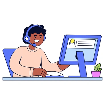A customer service representative with a bright smile is sitting at a desk. The representative is wearing a blue headset with a microphone. They have short black hair and are dressed in a light-colored shirt. In front of them is a computer screen displaying a chat interface. The representative is leaning slightly forward, actively engaging with a client. The background includes a neatly organized workspace with a small plant and a notepad.