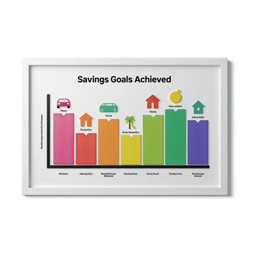 A wall with a colorful chart showcasing various savings goals. The chart is divided into several sections, each representing a different goal, such as a new car, vacation, home renovation, and emergency fund. Each section is filled with vibrant colors, and the goals are indicated with bold, clear text. There are icons for each goal, like a car, a palm tree, a house, and a piggy bank. The overall layout is neat, with a header that reads "Savings Goals Achieved" in large, striking font. The chart is framed nicely on the wall, enhancing its visibility.