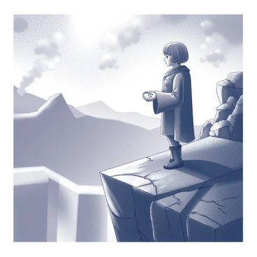 A small figure stands at the edge of a rocky precipice, overlooking a vast landscape. The character is wearing a tattered cloak and sturdy footwear. In the figure's right hand, it firmly grips a circular object, "the One Ring," with a slight glint visible on its surface. The surrounding area is defined by jagged rocks and a smoky atmosphere, with volcanic fumes rising from the depths below. The sky is filled with dark clouds, creating a dramatic and foreboding backdrop.