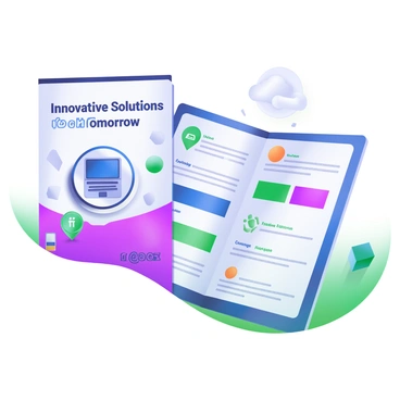 A marketing brochure layout for a tech company with a sleek and modern design. The front cover displays the company logo prominently in the center, accompanied by the phrase "Innovative Solutions for Tomorrow" in large, bold letters. The color palette consists of soft blues and greys with geometric patterns in the background. Inside, there are sections outlining various services, each accompanied by icons such as a computer, a smartphone, and cloud storage, arranged neatly. The text is formatted with clear headings and bullet points for easy readability.