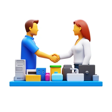 Two individuals shaking hands over a table. The table is filled with various products, including electronics, household items, and clothing. One person is wearing a blue shirt, and the other is in a white blouse. The background features a neutral tone to keep the focus on the handshake and products. The products are arranged neatly, emphasizing their diversity and quality.