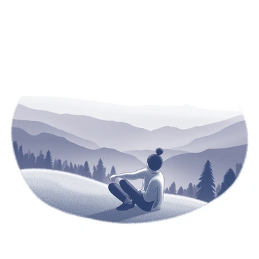A person is sitting on a grassy hilltop. They have their legs crossed and their hands resting on their knees. The figure is gazing out over a sprawling valley below. The valley is filled with distinct shapes of trees and gently rolling hills that extend into the distance. There are no other figures nearby, emphasizing the solitude of this moment. The sky above is vast and open, adding to the sense of contemplation.
