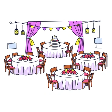A traditional wedding reception setting with round tables covered in white tablecloths. Each table is adorned with floral centerpieces featuring vibrant red and yellow flowers. Surrounding the tables are wooden chairs with decorative cushions. In the background, there are colorful drapes hanging from the ceiling, creating a festive atmosphere. A dessert table displays a tiered wedding cake elegantly decorated with white frosting and delicate floral accents. Lanterns with warm light are placed around the venue, enhancing the joyful ambiance.