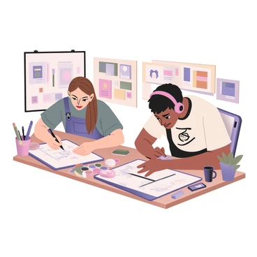 A digital flat illustration featuring two artists working side by side in a bright, well-lit studio. On the left, a woman with long brown hair is focused on drawing on a large sketchbook with pencil and ink, surrounded by colorful art supplies including markers, paintbrushes, and a palette of paints. She is wearing a teal shirt and denim overalls. On the right, a man with short black hair is intensely looking at his tablet, stylus in hand, creating digital artwork. He is wearing a graphic t-shirt and headphones. Between them, there is a table cluttered with sketches, digital devices, and a small potted plant. The wall behind them is adorned with various artworks and posters.