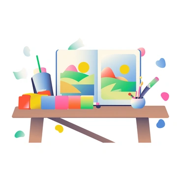 A collection of art supplies is displayed on a wooden table. In the foreground, there are various tubes of paint in vibrant colors like bright red, electric blue, sunny yellow, and vivid green, all arranged neatly. Next to the paint tubes, a set of paintbrushes with colorful bristles is resting in a small ceramic holder. In the background, an open sketchbook shows a colorful illustration featuring a whimsical landscape with rolling hills and a bright sky. Scattered around are color swatches showcasing an array of hues, adding to the vibrant atmosphere of the scene.